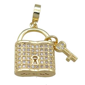 copper Lock Key pendant pave zircon, gold plated, approx 14-19mm