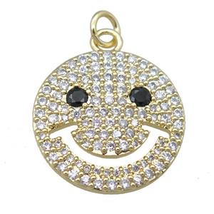copper emoji pendant pave zircon, smileface, gold plated, approx 20mm