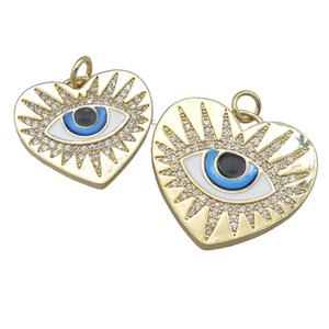 copper heart pendant pave zircon with evil eye, enamel, gold plated, approx 22-25mm