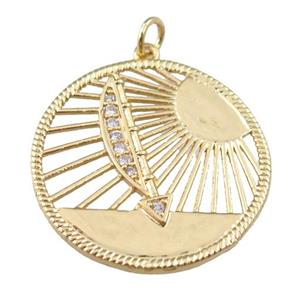 copper circle sun pendant paved zircon, boat, gold plated, approx 27mm