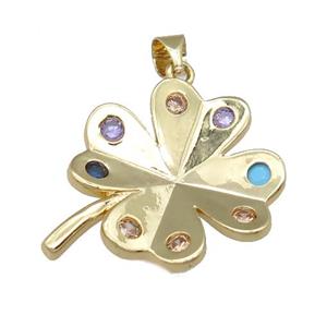 copper clover pendant pave zircon, gold plated, approx 20mm