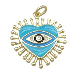 copper heart pendant with teal enamel, eye, gold plated, approx 20mm