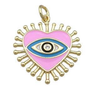 copper heart pendant with pink enamel, eye, gold plated, approx 20mm