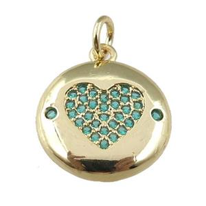 copper circle pendant pave zircon, green heart, gold plated, approx 15mm