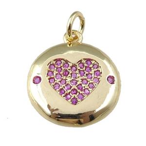 copper circle pendant pave zircon, hotpink heart, gold plated, approx 15mm