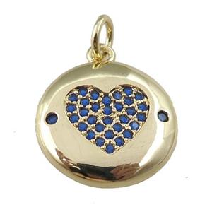 copper circle pendant pave zircon, blue heart, gold plated, approx 15mm