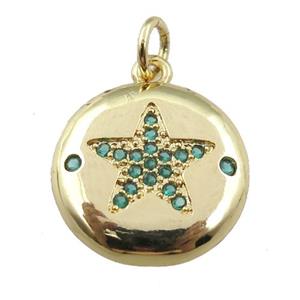 copper circle pendant pave zircon, green star, gold plated, approx 15mm