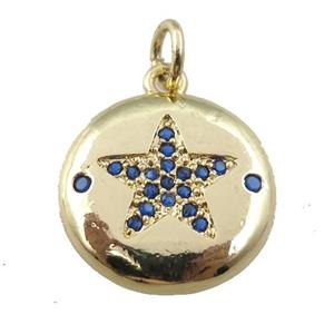 copper circle pendant pave zircon, blue star, gold plated, approx 15mm