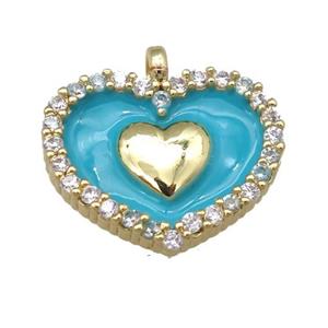 copper heart pendant pave zircon with teal enamel, gold plated, approx 15-18mm