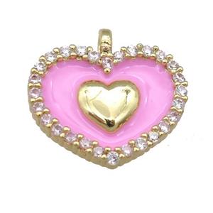 copper heart pendant pave zircon with pink enamel, gold plated, approx 15-18mm
