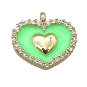 copper heart pendant pave zircon with green enamel, gold plated, approx 15-18mm