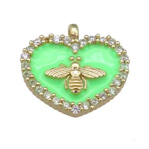 green Enamel Heart copper pendant pave zircon, honeybee, gold plated, approx 15-18mm