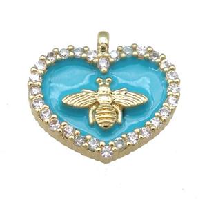teal Enamel Heart copper pendant pave zircon, honeybee, gold plated, approx 15-18mm