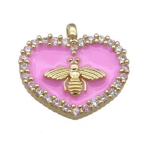pink Enamel Heart copper pendant pave zircon, honeybee, gold plated, approx 15-18mm