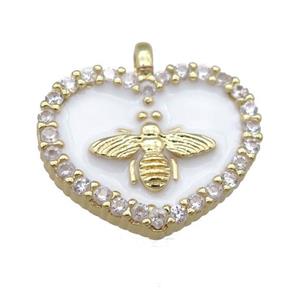 white Enamel Heart copper pendant pave zircon, honeybee, gold plated, approx 15-18mm