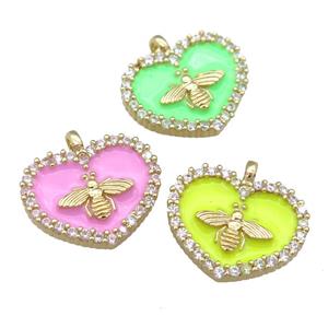Enamel Heart charm copper pendant pave zircon, honeybee, gold plated, mixed, approx 15-18mm