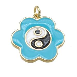 copper teal Enamel Taichi pendant, flower, gold plated, approx 20mm