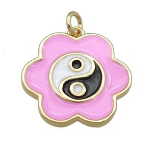 copper pink Enamel Taichi pendant, flower, gold plated, approx 20mm