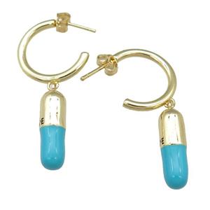 copper Stud Earring with teal enamel pill, gold plated, approx 6-18mm, 20mm dia