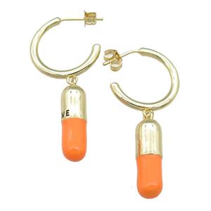 copper Stud Earring with orange enamel pill, gold plated, approx 6-18mm, 20mm dia