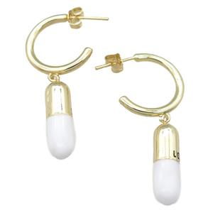 copper Stud Earring with white enamel pill, gold plated, approx 6-18mm, 20mm dia