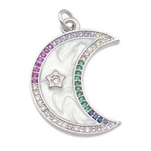 copper moon pendant pave zircon with enamel pearlized resin, platinum plated, approx 11-23mm