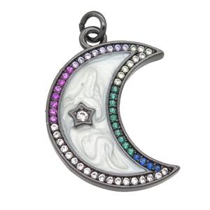 copper moon pendant pave zircon with enamel pearlized resin, black plated, approx 11-23mm