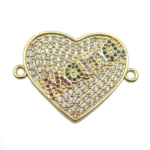 copper heart connector pave zircon, MAMA, gold plated, approx 24-30mm