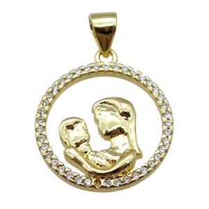copper pendant pave zircon, mother, gold plated, approx 18mm