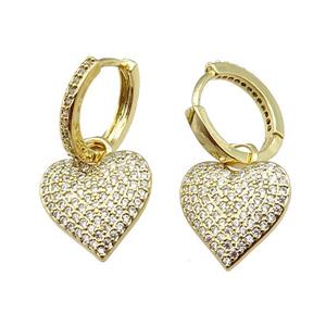 copper Hoop Earrings pave zircon, heart, gold plated, approx 14.5mm, 14mm dia