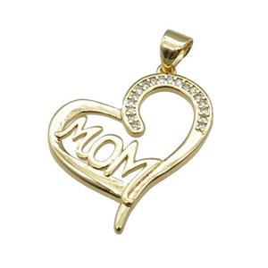 copper heart pendant pave zircon, MOM, gold plated, approx 20-22mm