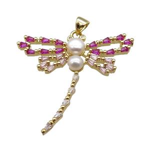 copper dragonfly pendant paved zircon, gold plated, approx 38-40mm