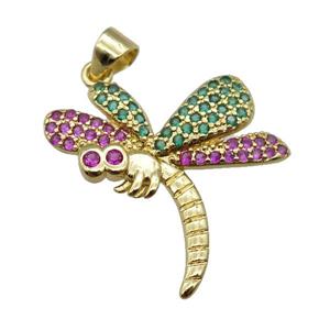 copper dragonfly pendant paved zircon, gold plated, approx 23-25mm