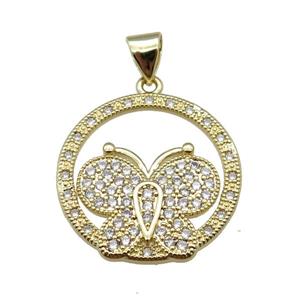 copper butterfly pendant pave zircon, gold plated, approx 21mm
