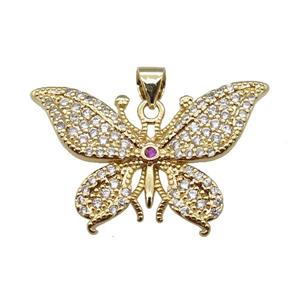 copper butterfly pendant pave zircon, gold plated, approx 20-30mm