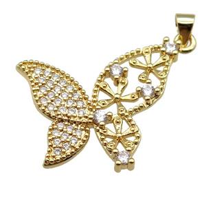 copper butterfly pendant pave zircon, gold plated, approx 25-30mm