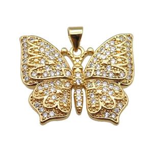 copper butterfly pendant pave zircon, gold plated, approx 22-27mm