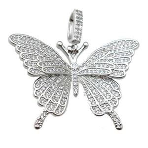 copper butterfly pendant pave zircon, platinum plated, approx 30-42mm