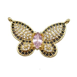 copper butterfly pendant pave zircon with 2loops, gold plated, approx 17-25mm