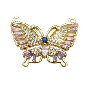 copper butterfly pendant pave zircon with 2loops, gold plated, approx 20-28mm