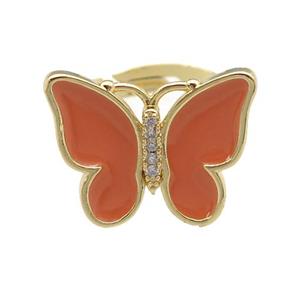 copper butterfly Rings with orange enamel, adjustable, gold plated, approx 16-20mm, 17mm dia