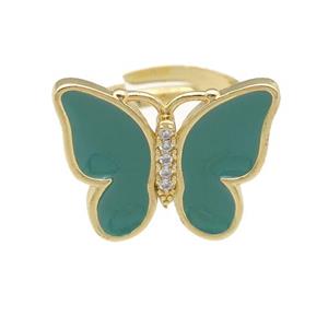 copper butterfly Rings with green enamel, adjustable, gold plated, approx 16-20mm, 17mm dia