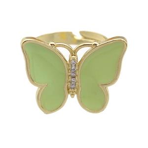 copper butterfly Rings with lt.green enamel, adjustable, gold plated, approx 16-20mm, 17mm dia