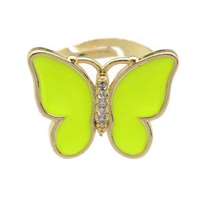 copper butterfly Rings with nenoyellow enamel, adjustable, gold plated, approx 16-20mm, 17mm dia