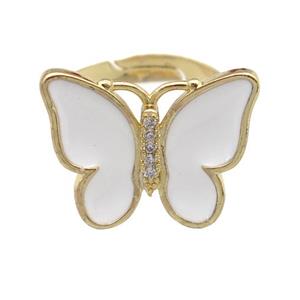 copper butterfly Rings with white enamel, adjustable, gold plated, approx 16-20mm, 17mm dia
