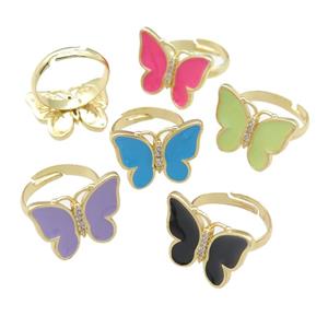 copper butterfly Rings with enamel, adjustable, gold plated, mixed, approx 16-20mm, 17mm dia