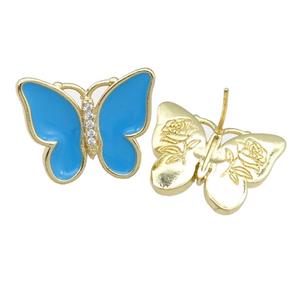 copper butterfly Stud Earring with blue enamel, gold plated, approx 16-20mm