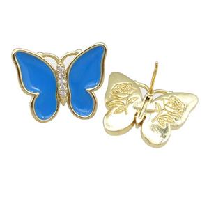 copper butterfly Stud Earring with blue enamel, gold plated, approx 16-20mm