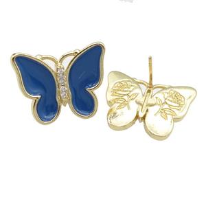 copper butterfly Stud Earring with navyblue enamel, gold plated, approx 16-20mm