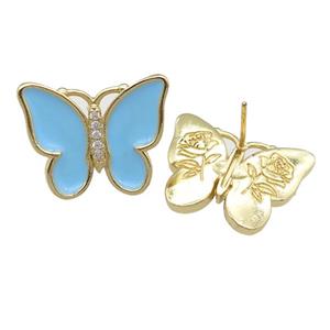 copper butterfly Stud Earring with lt.blue enamel, gold plated, approx 16-20mm
